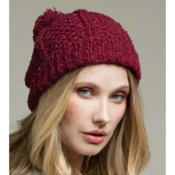 Burgundy Soft Knit Textured Pompom Winter Beanie - Picture 2 of 3